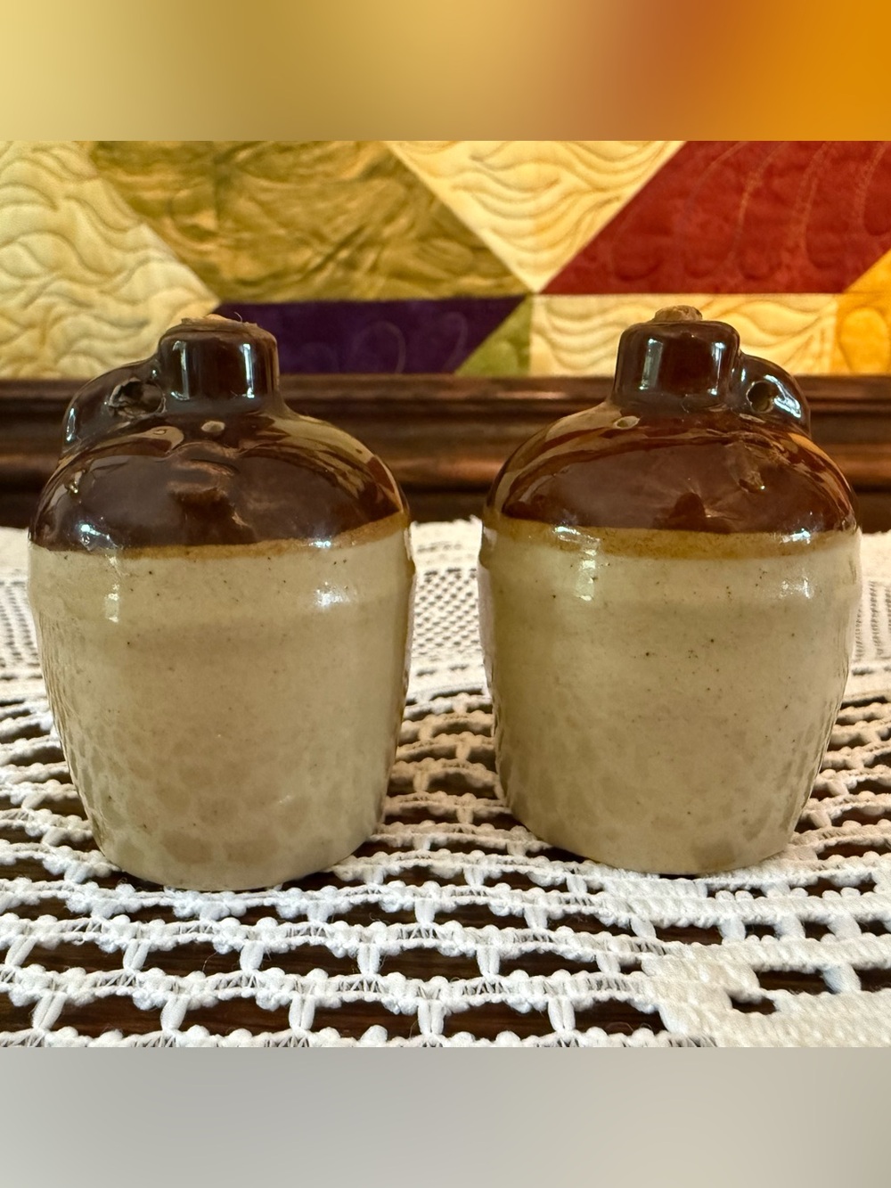 Vtg Stoneware Moonshine Jug Salt & Pepper Shakers Set - Rustic Country Kitchen